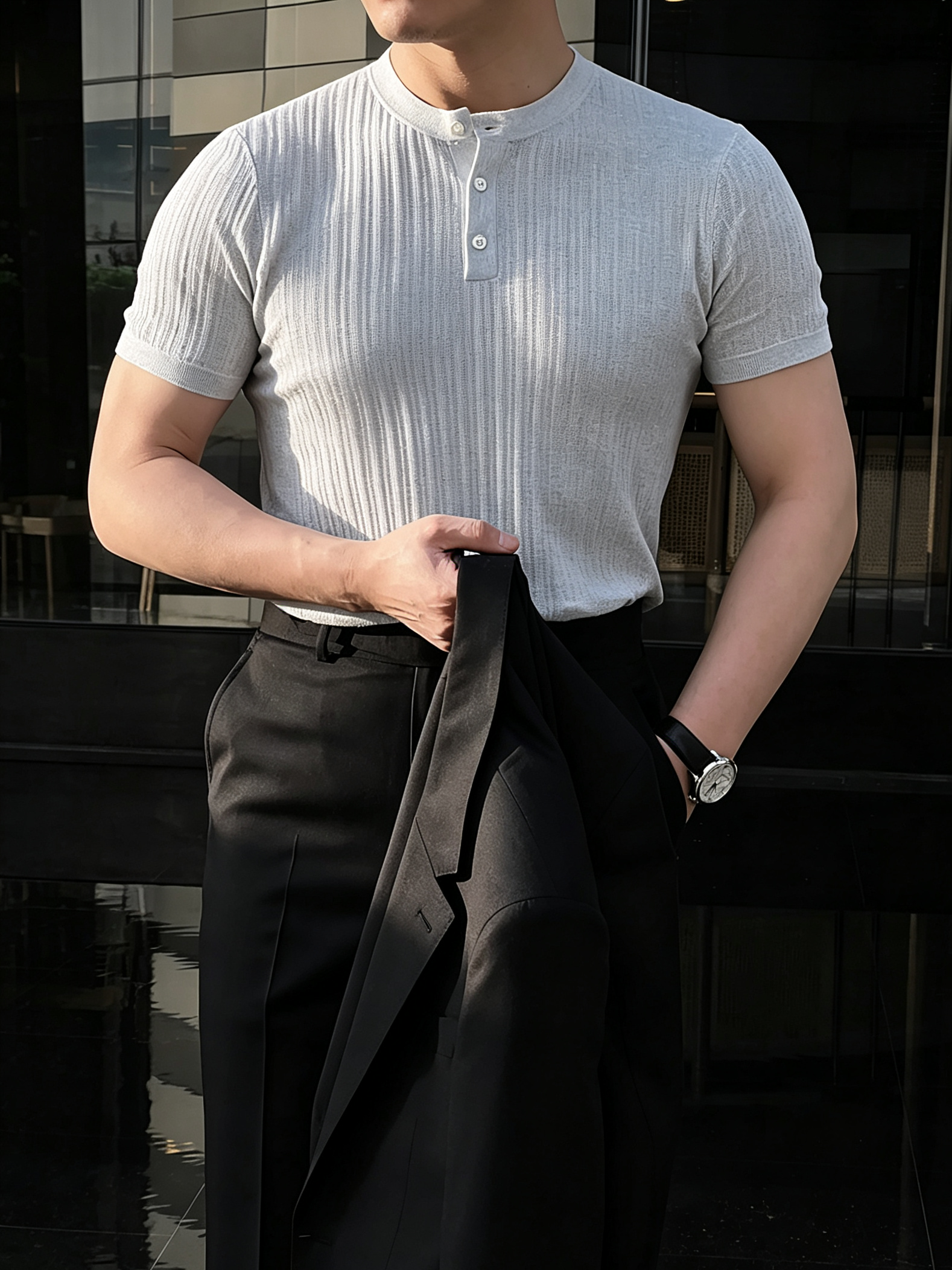 100% Merino Wool Short Sleeve Grey Knit T Shirt Men