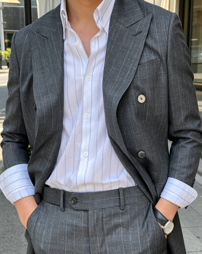 Wool Grey Pinstripe Double Breasted 2 Piece Men Formal Business Suit
