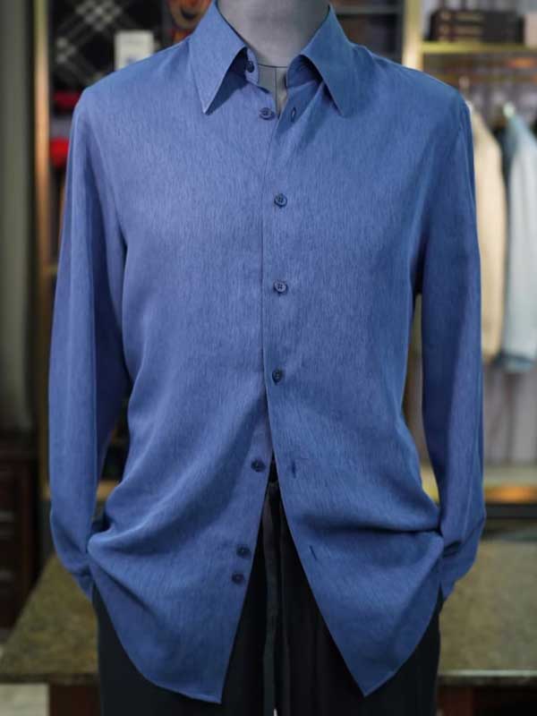 Blue Lyocell Viscose Linen Blend Men's Long Sleeve Dress Shirt