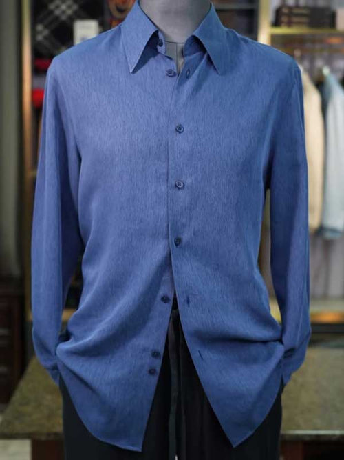 Blue Lyocell Viscose Linen Blend Men's Long Sleeve Dress Shirt