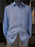 Men's Linen Lyocell Light Blue White Vertical Striped Shirt