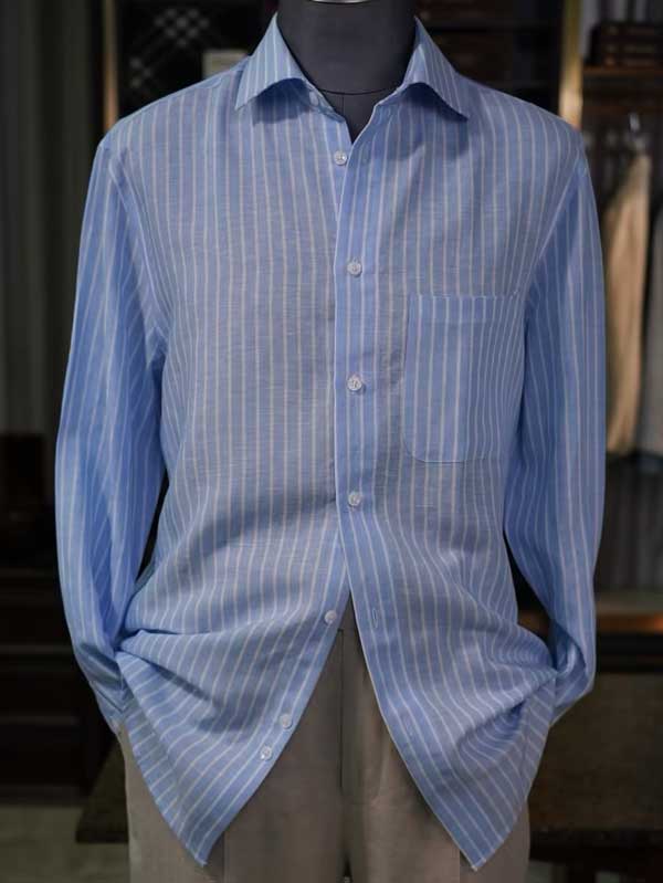 Men's Linen Lyocell Light Blue White Vertical Striped Shirt