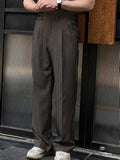 Men's Viscose Polyester Dark Brown High Waist Pleated Wide Leg Pants