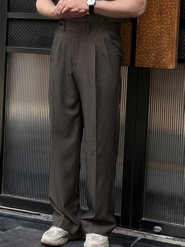 Men's Viscose Polyester Dark Brown High Waist Pleated Wide Leg Pants