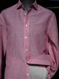 Men's Red White Vertical Striped Linen Cotton Long Sleeve Dress Shirt