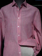 Men's Red White Vertical Striped Linen Cotton Long Sleeve Dress Shirt