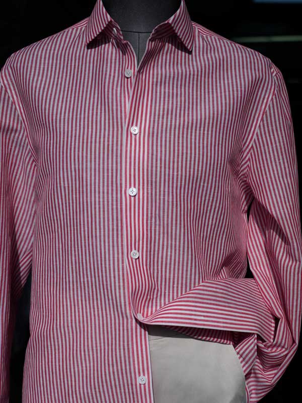 Men's Red White Vertical Striped Linen Cotton Long Sleeve Dress Shirt