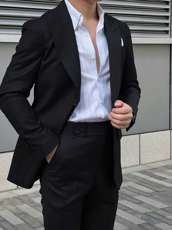 Men 100% Wool Grey Pinstripe Double Breasted Suit Set