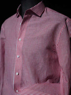 Men's Red White Vertical Striped Linen Cotton Long Sleeve Dress Shirt