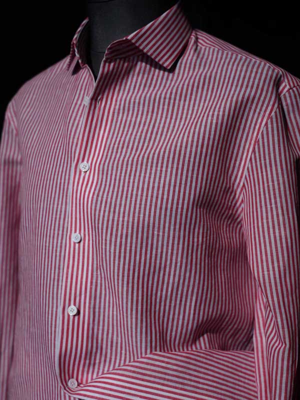Men's Red White Vertical Striped Linen Cotton Long Sleeve Dress Shirt