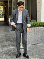 Wool Grey Pinstripe Double Breasted 2 Piece Men Formal Business Suit