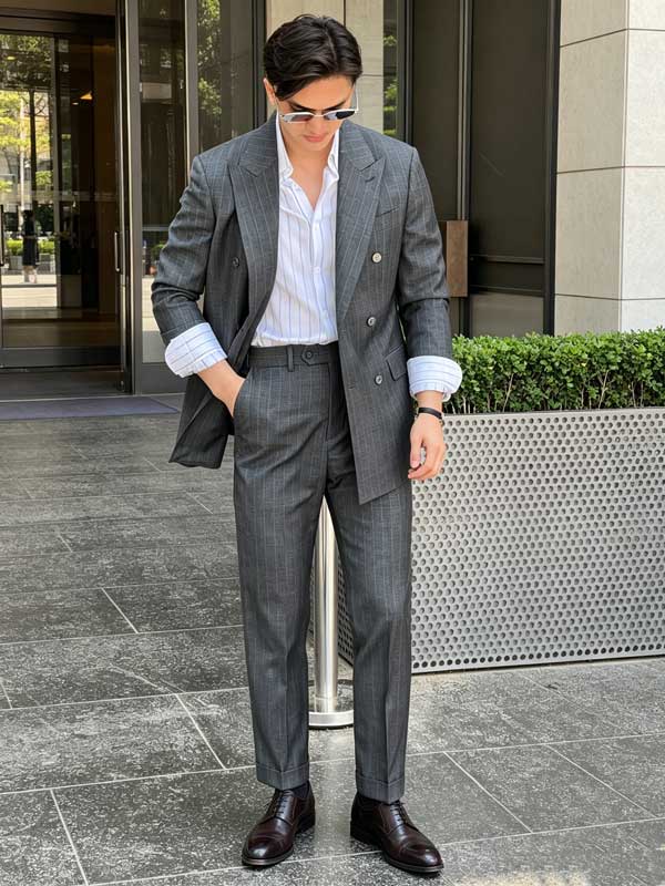 Wool Grey Pinstripe Double Breasted 2 Piece Men Formal Business Suit