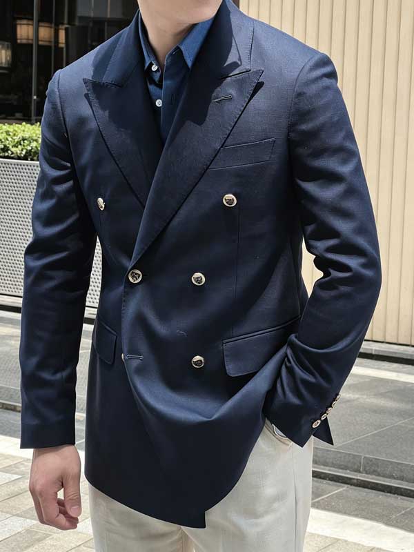 Men 100% Wool Navy Double Breasted Blazer