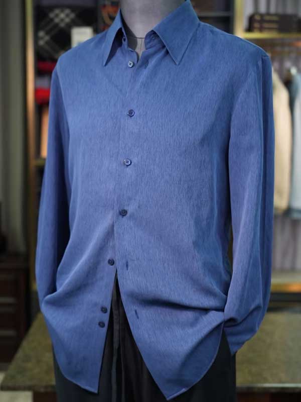 Blue Lyocell Viscose Linen Blend Men's Long Sleeve Dress Shirt