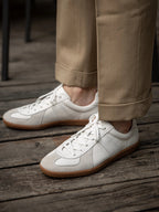 Men's White Leather Suede German Trainer Sneakers Walking Shoes