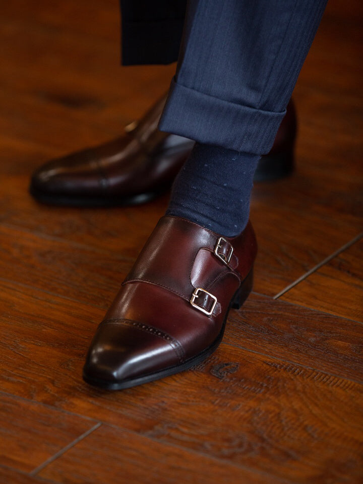 Men's Gradient Burgundy Hand Polished Double Monk Straps Brogue Shoes