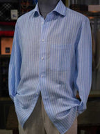 Men's Linen Lyocell Light Blue White Vertical Striped Shirt