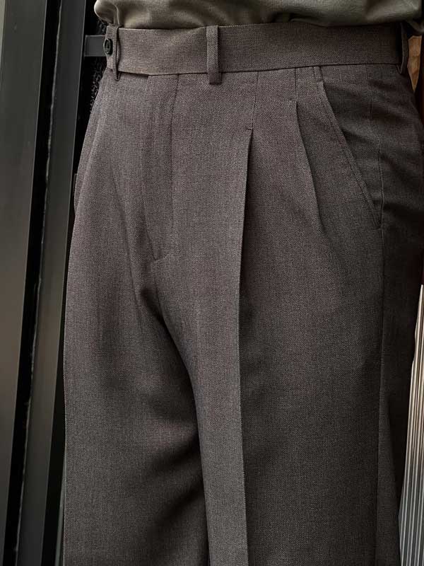 Men's Viscose Polyester Dark Brown High Waist Pleated Wide Leg Pants