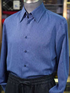 Blue Lyocell Viscose Linen Blend Men's Long Sleeve Dress Shirt
