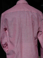 Men's Red White Vertical Striped Linen Cotton Long Sleeve Dress Shirt
