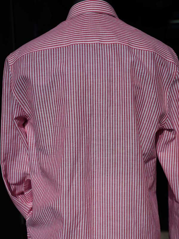 Men's Red White Vertical Striped Linen Cotton Long Sleeve Dress Shirt