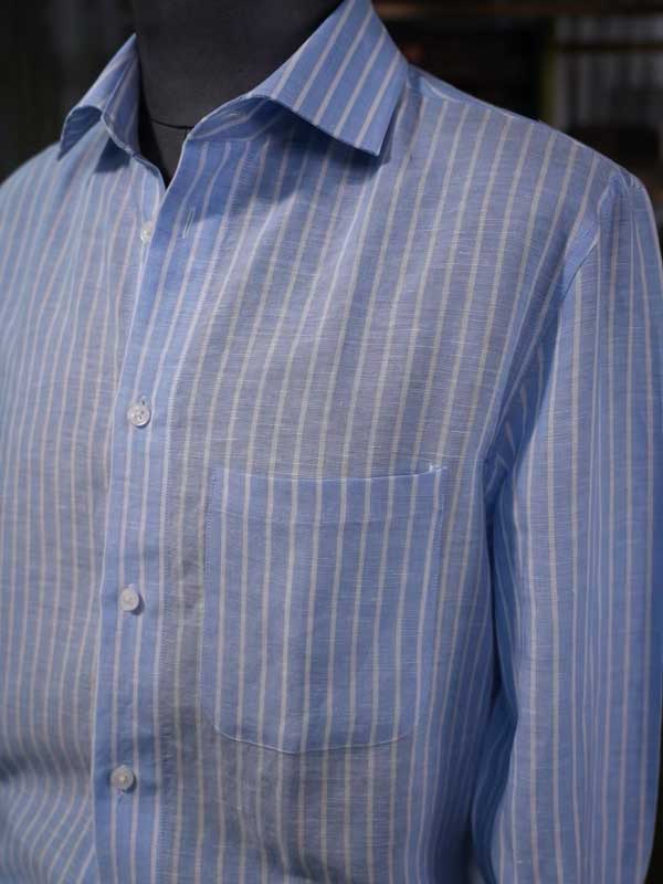 Men's Linen Lyocell Light Blue White Vertical Striped Shirt
