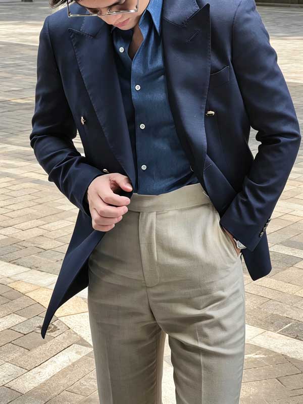 Men 100% Wool Navy Double Breasted Blazer