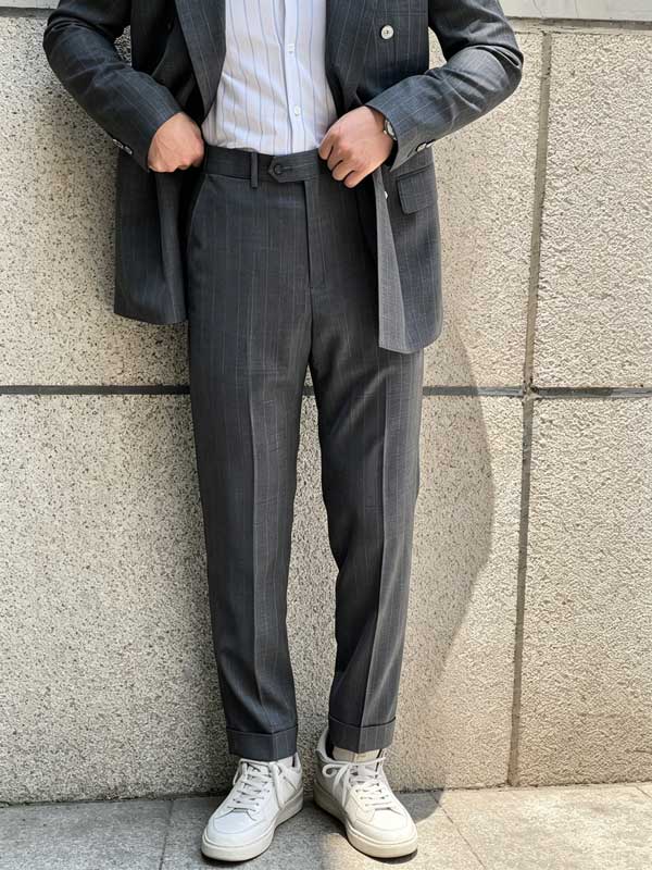 Wool Grey Pinstripe Double Breasted 2 Piece Men Formal Business Suit