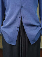 Blue Lyocell Viscose Linen Blend Men's Long Sleeve Dress Shirt