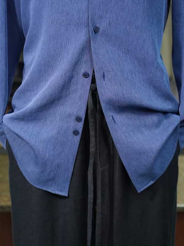 Blue Lyocell Viscose Linen Blend Men's Long Sleeve Dress Shirt