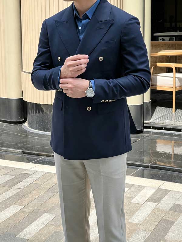 Men 100% Wool Navy Double Breasted Blazer