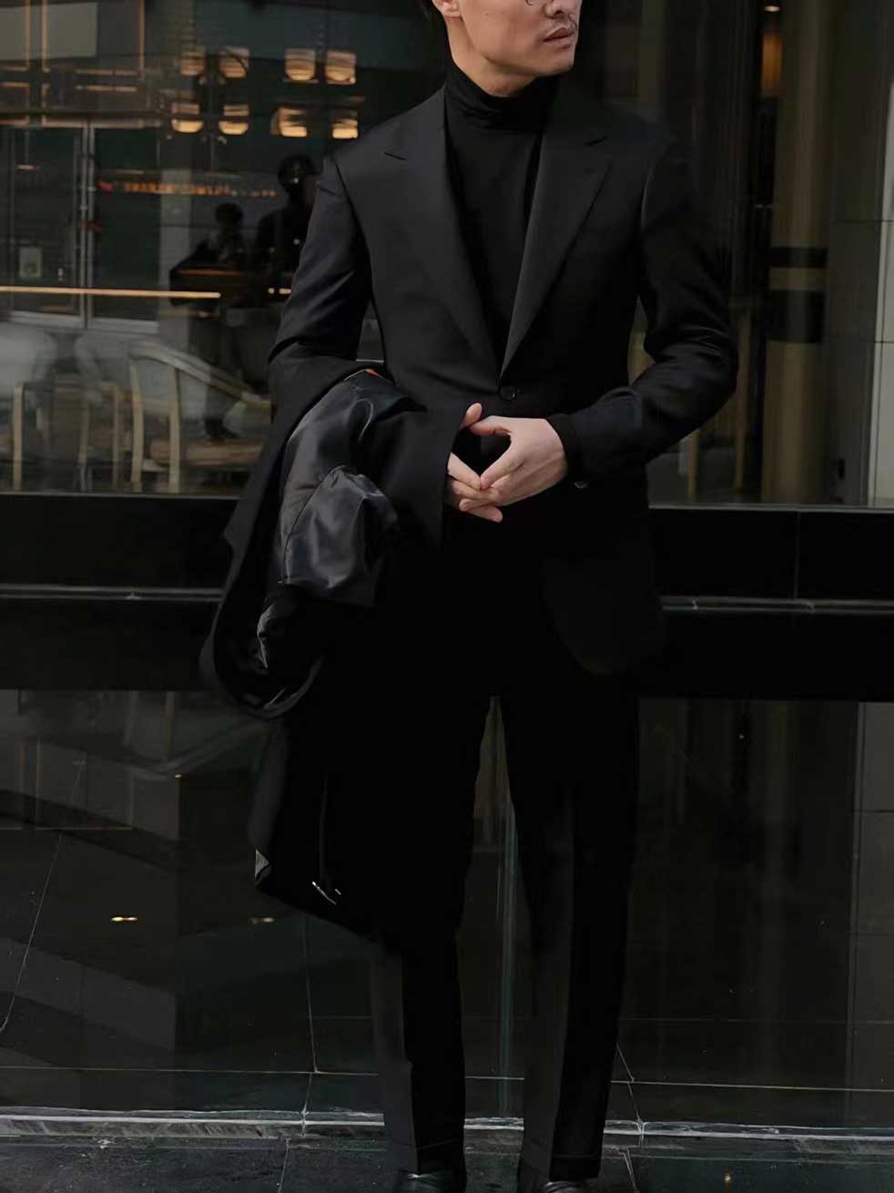 Men's Minimalist All Black Slim Fit Two Piece Suit