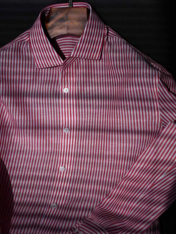 Men's Red White Vertical Striped Linen Cotton Long Sleeve Dress Shirt