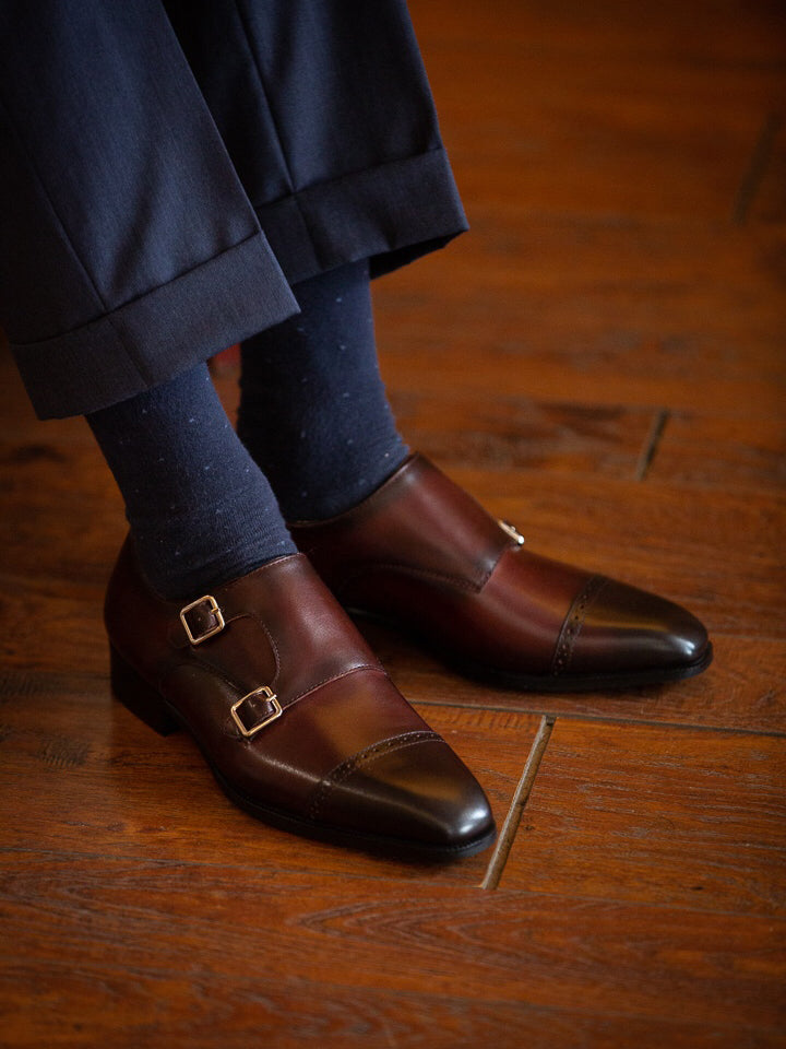 Men's Gradient Burgundy Hand Polished Double Monk Straps Brogue Shoes