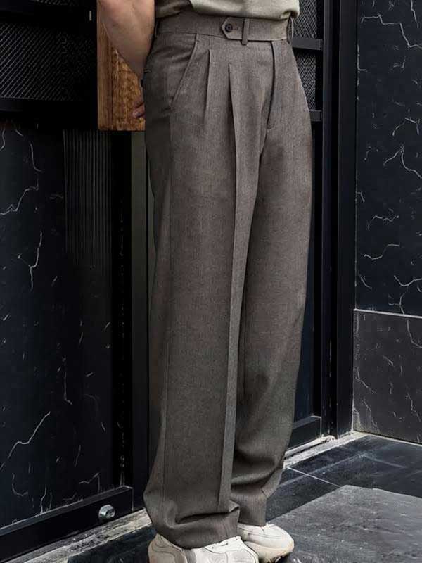 Men's Viscose Polyester Dark Brown High Waist Pleated Wide Leg Pants