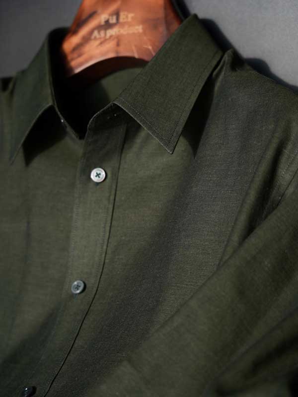 Men's Dark Green Silk Ramie Cotton Tencel Breathable Shirt