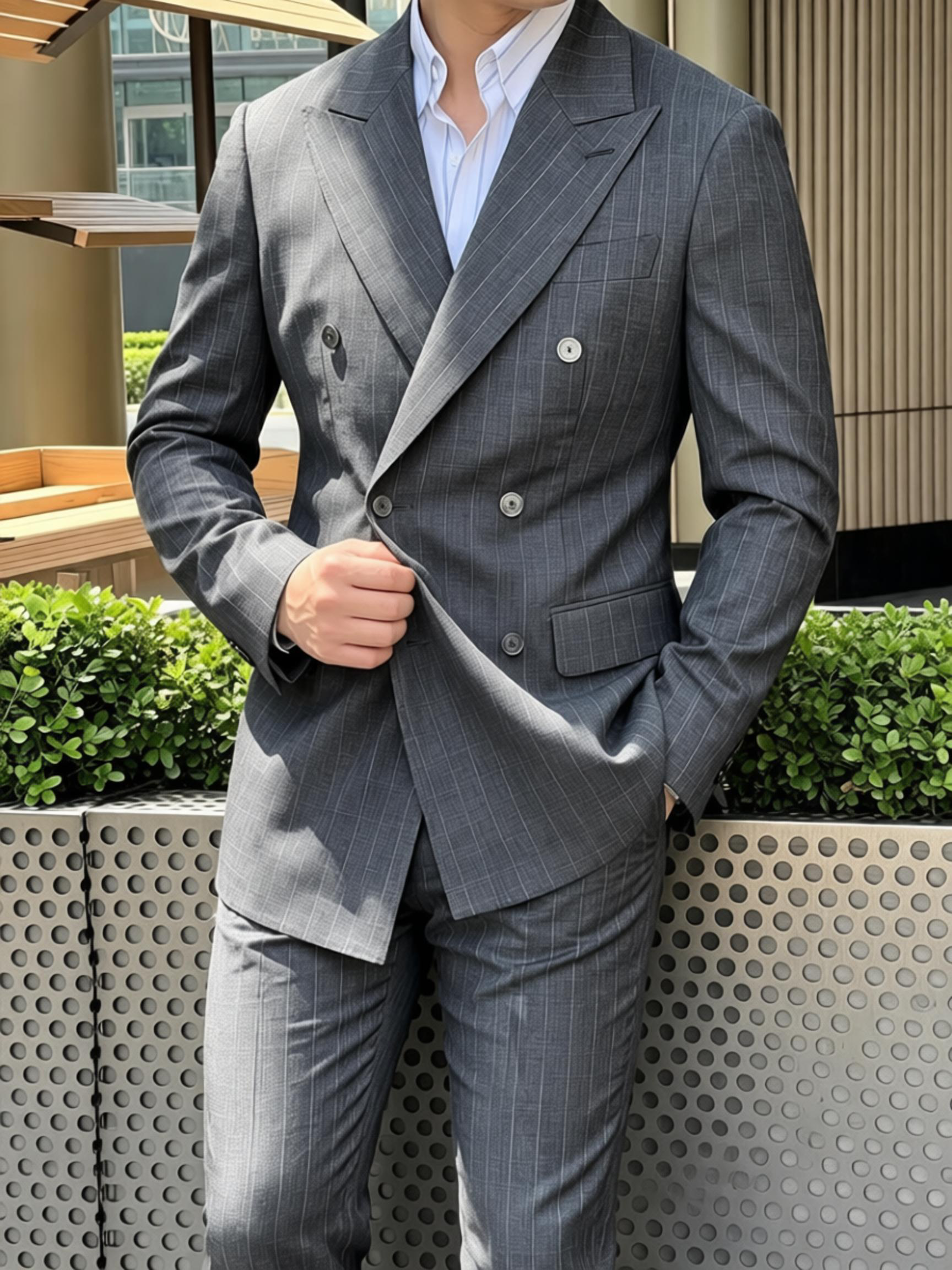 Wool Grey Pinstripe Double Breasted 2 Piece Men Formal Business Suit