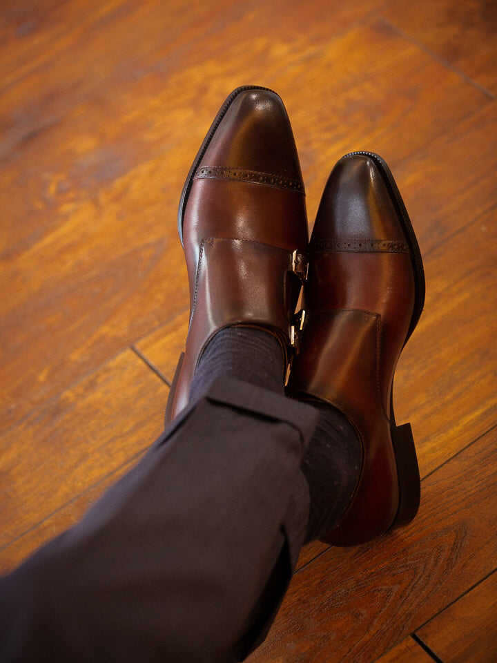 Men's Gradient Burgundy Hand Polished Double Monk Straps Brogue Shoes