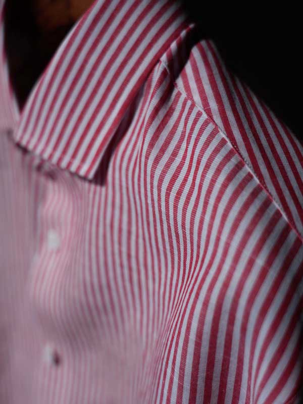 Men's Red White Vertical Striped Linen Cotton Long Sleeve Dress Shirt