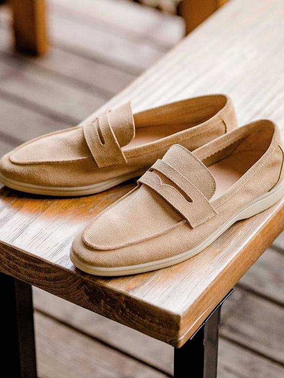 Men’s Beige Genuine Suede Penny Loafers
