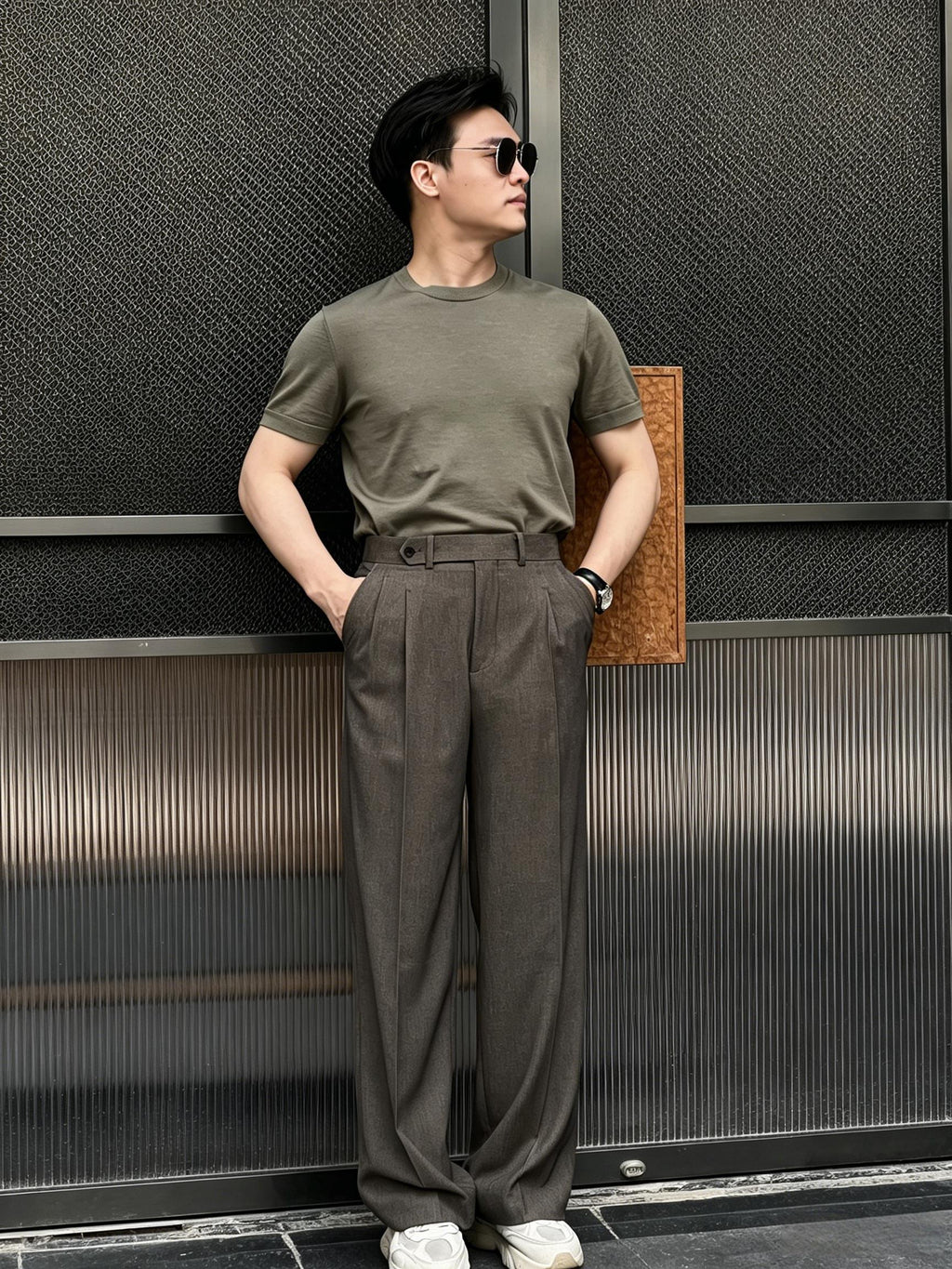 Men's Viscose Polyester Dark Brown High Waist Pleated Wide Leg Pants