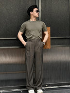 Men's Viscose Polyester Dark Brown High Waist Pleated Wide Leg Pants