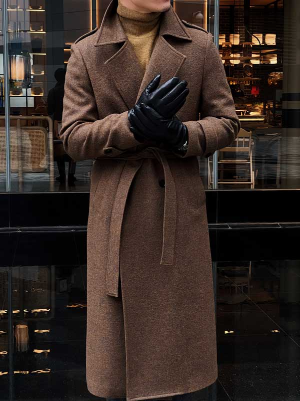 Brown Double Breasted Wool Blend Long Overcoat for Men