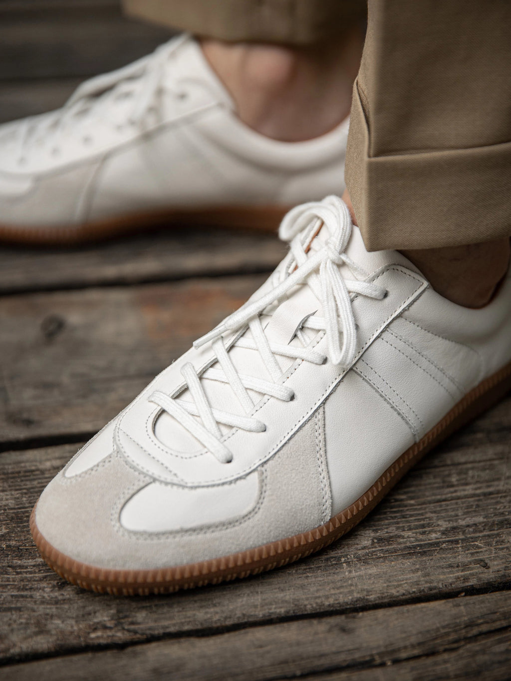 Men's White Leather Suede German Trainer Sneakers Walking Shoes