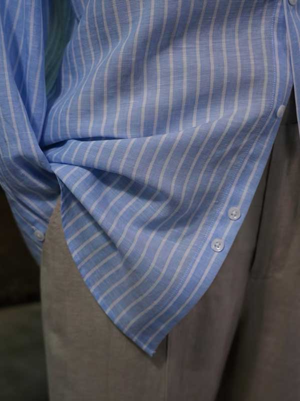 Men's Linen Lyocell Light Blue White Vertical Striped Shirt