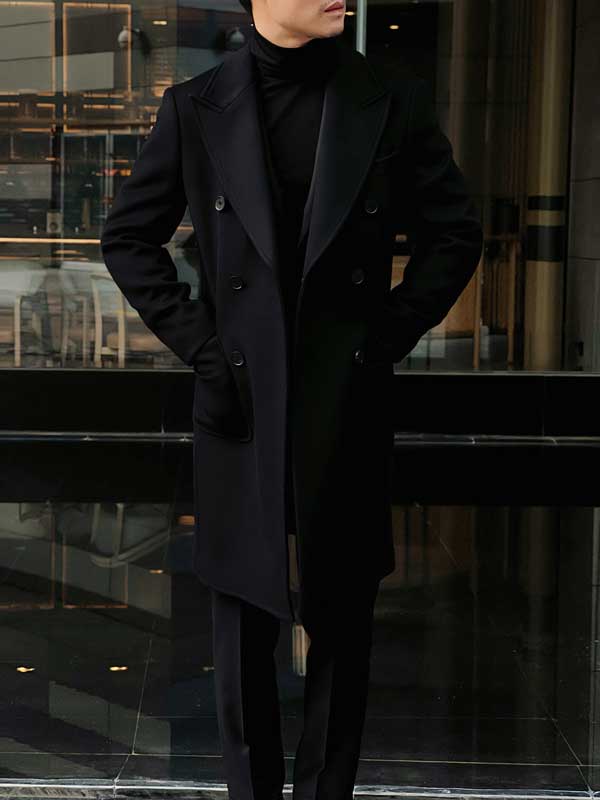 Men's Winter Textured Black Long Wool Overcoat