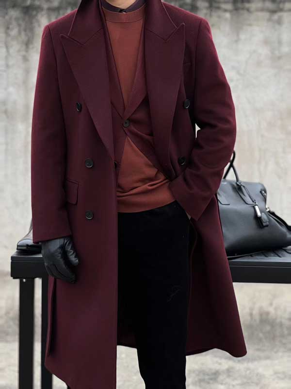 Men's Winter Textured Burgundy Long Wool Overcoat