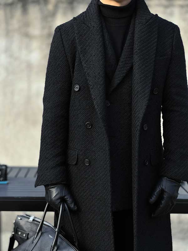 Black Double Breasted Wool Blend Long Overcoat for Men