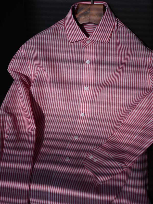 Men's Red White Vertical Striped Linen Cotton Long Sleeve Dress Shirt