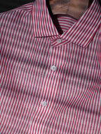 Men's Red White Vertical Striped Linen Cotton Long Sleeve Dress Shirt
